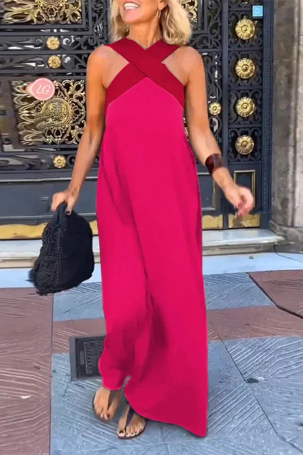 CM | Elegante maxi vestido cruzado sin espalda y sin mangas