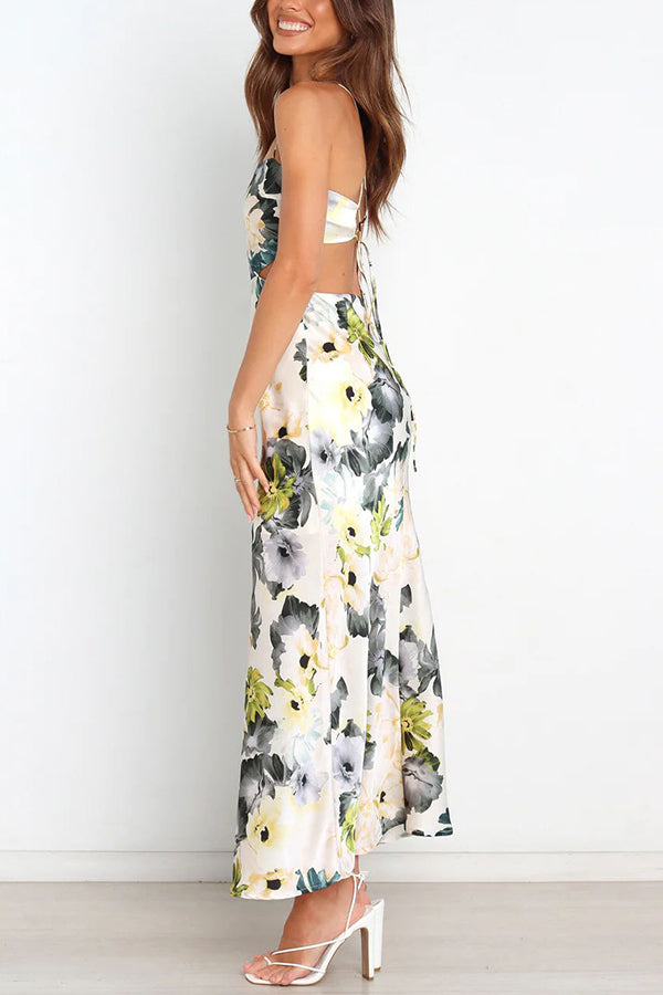 CM | Garden Party Floral Satén Recorte Espalda Encaje Maxi Vestido