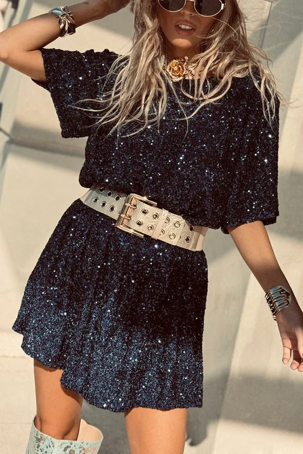 CM | Night Moves tela de lentejuelas mangas cortas sin espalda H-line mini vestido