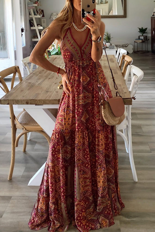 CM | Celeste maxi vestidos de tirantes con estampado boho y cintura elástica