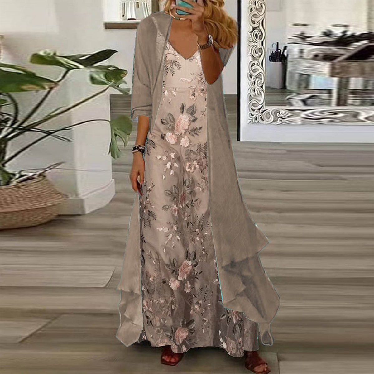 CM | Café Maxi vestido estampado floral con chaqueta fina Conjunto de dos piezas