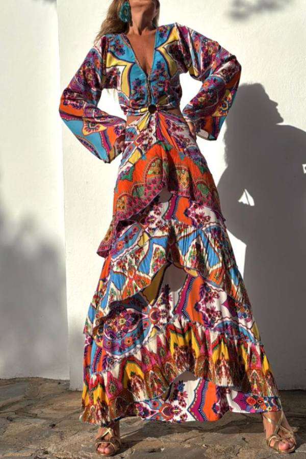 CM | Colorido Etiqueta Impresión Única Manga de Campana Cuello Cintura Capas Maxi Vestido