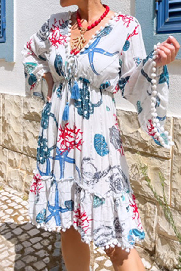 CM | Vestido Corto Manga Campana Cuello en V Coral Estrella de Mar