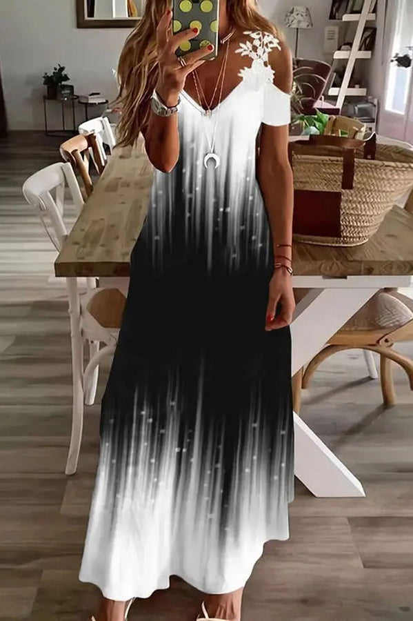 CM | Viana maxi vestido estampado de encaje de color contrastado con mangas rectas