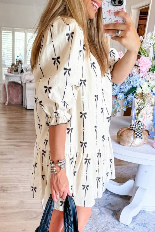 CM | Beige Lindo Lazo Impreso Burbuja Manga V-Cuello Mini Vestido