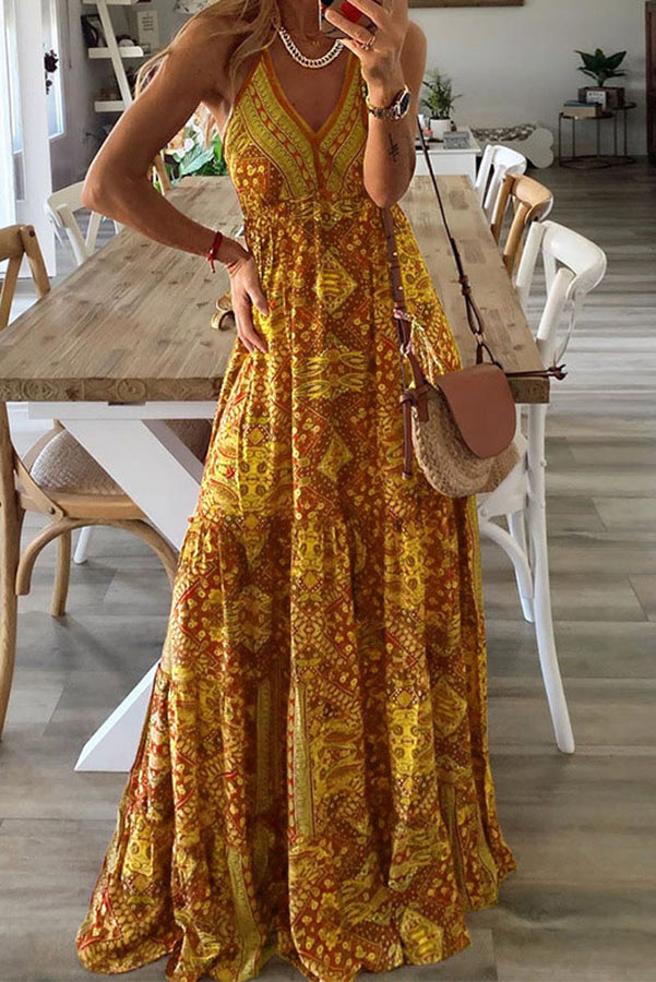 CM | Celeste maxi vestidos de tirantes con estampado boho y cintura elástica