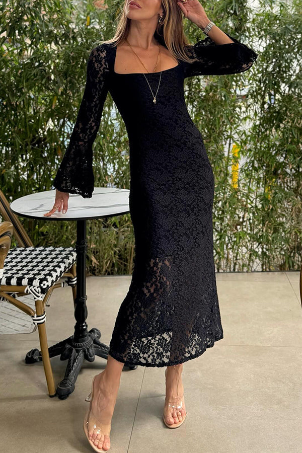 CM | Luxe Lifestyle Encaje Escote Cuadrado Mangas de Campana Vestido Midi con Abertura