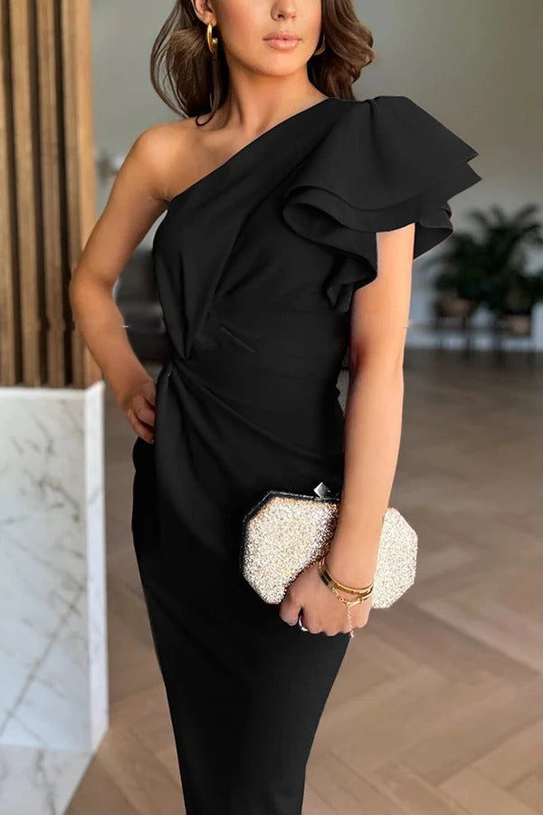 CM | Saona vestido de un hombro con mangas de volantes escalonados y maxi vestido con abertura asimétrica