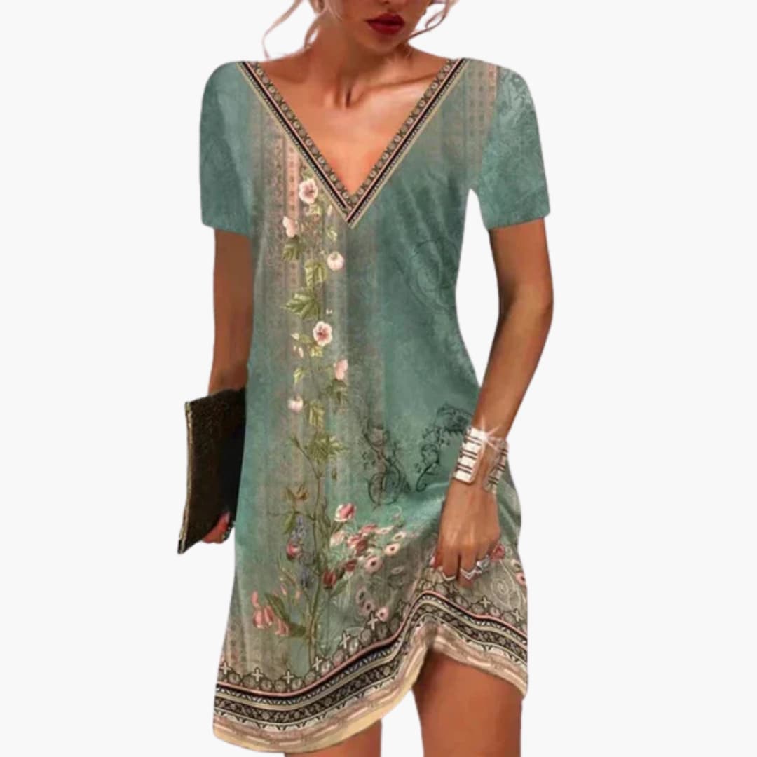 CM | Minivestido de mujer de viscosa con escote en V y estampado floral