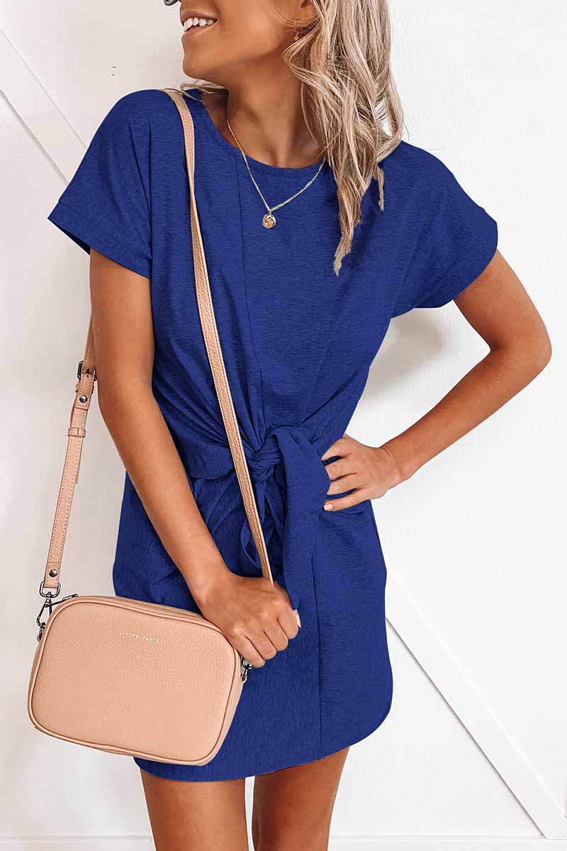 CM | Florcoo Lazo Suelto Color Sólido Mini Vestido de Manga Corta(6 Colores)