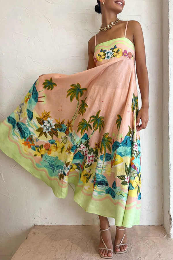 CM | Vestido midi con espalda fruncida y estampado tropical en mezcla de lino Coconut Scenery