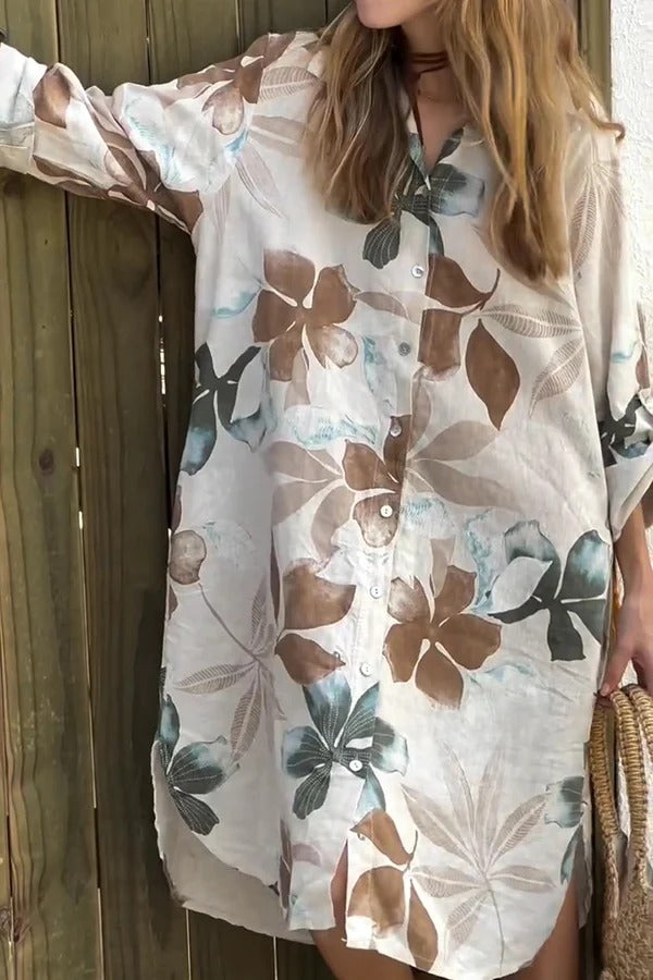 CM | Botanical Print Vestido midi holgado de manga larga y un solo pecho con bolsillos