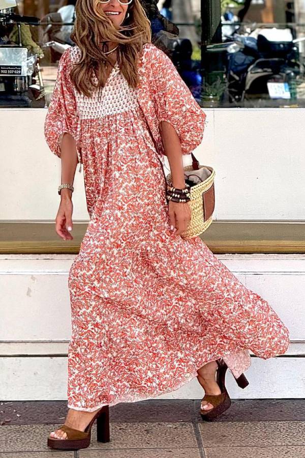 CM | Boheme Lifestyle maxi vestido estampado con mangas abullonadas sueltas