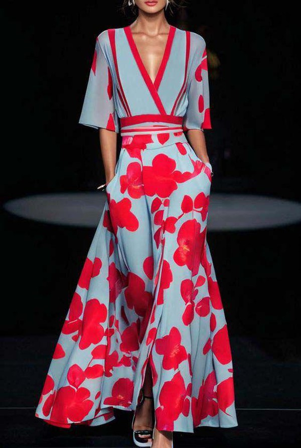 CM | maxi vestido azul con estampado floral y escote en V para mujer