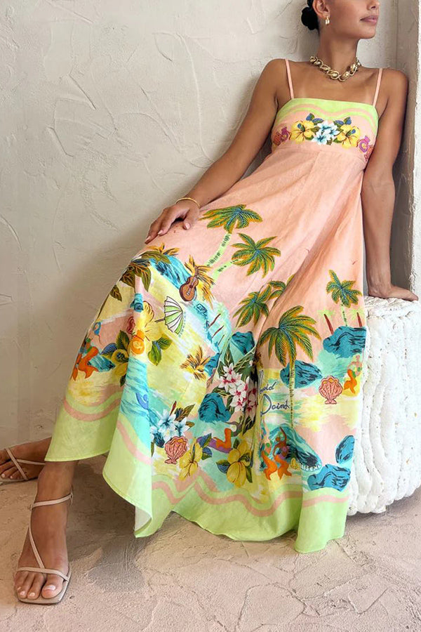 CM | Vestido midi con espalda fruncida y estampado tropical en mezcla de lino Coconut Scenery