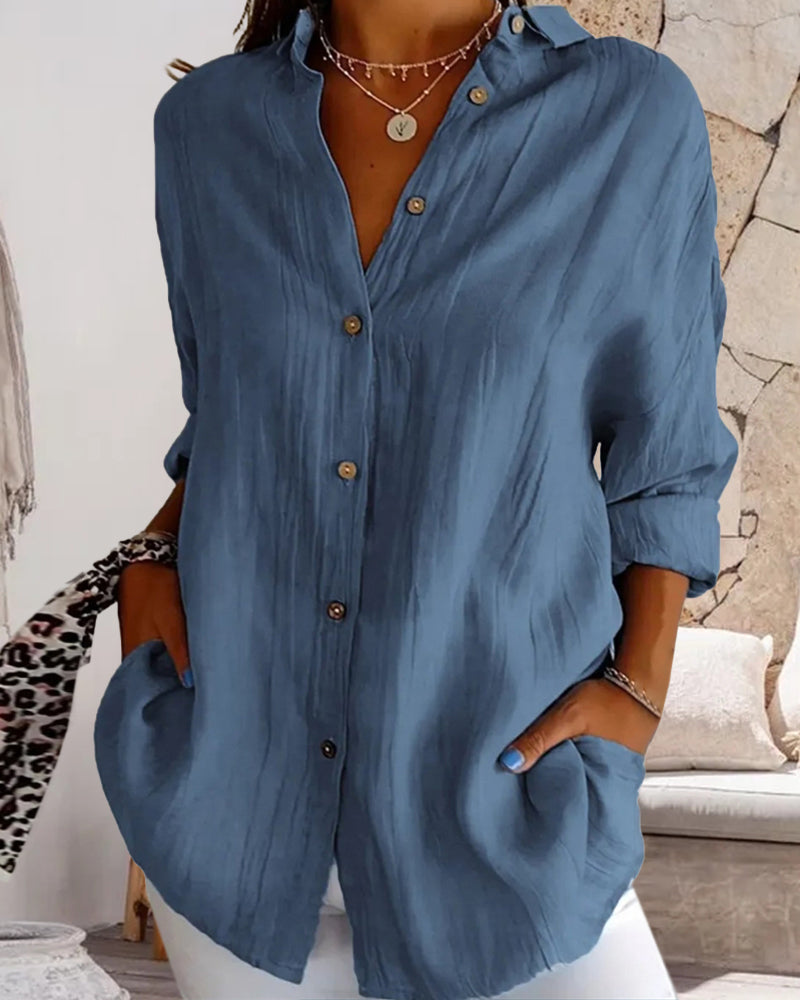 CM | Camisa casual monocolor de manga larga con cuello de pico y botones