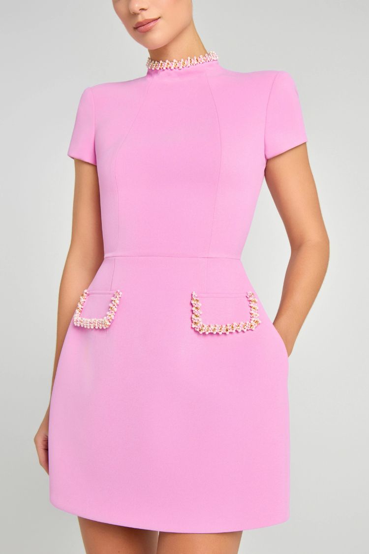 CM | Dulce y elegante fragancia Mini vestido de manga corta con cuentas y bolsillos