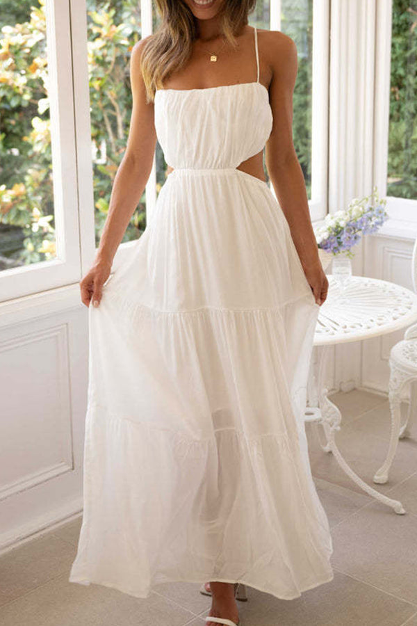 CM | Vestido largo de swing sin mangas, con cintura abierta y capas
