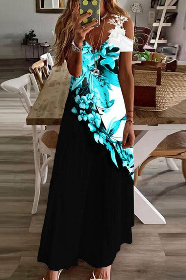 CM | Viana maxi vestido estampado de encaje de color contrastado con mangas rectas