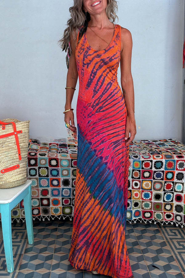 CM | maxi vestido elástico con estampado tie-dye y cordones en la espalda