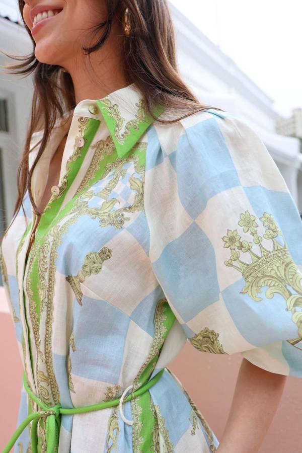 CM | Unique Vestido midi camisero estampado de manga larga con bolsillo con cordón