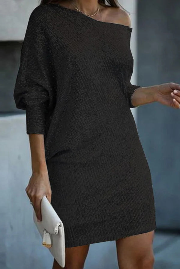 CM | Lentejuelas Sólido Off-shoulder Mini Vestido Suelto