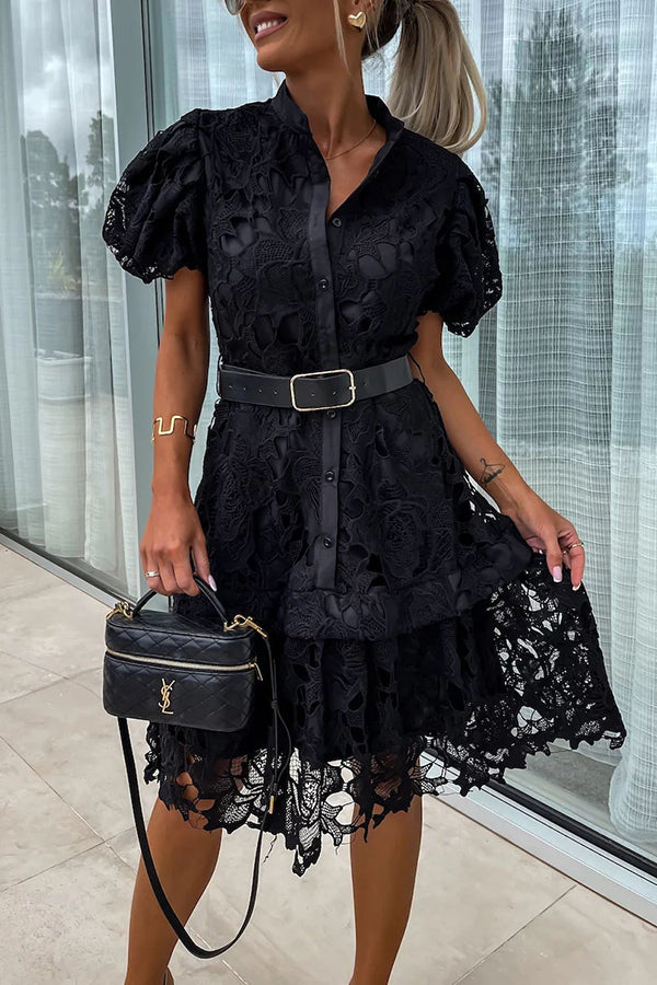 CM | Absolutamente Elegante Floral Crochet Encaje Puff Manga Cinturón Camisa Vestido Midi