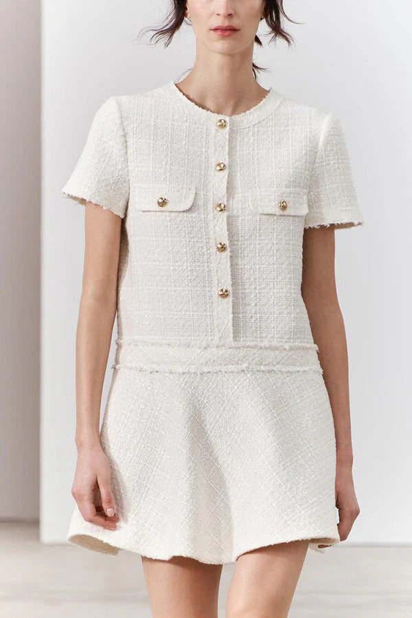 CM | 1960s London Girl tweed texturizado botón dorado manga corta bolsillo mini vestido