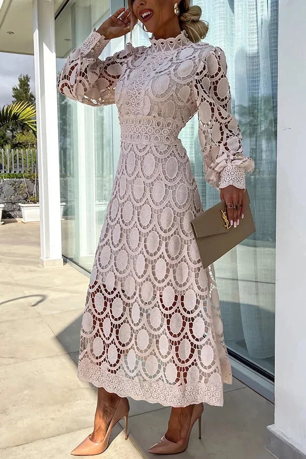 CM | Romántico, Sensual y Elegante Vestido Midi de Encaje de Crochet con Manga Farol de Fiesta