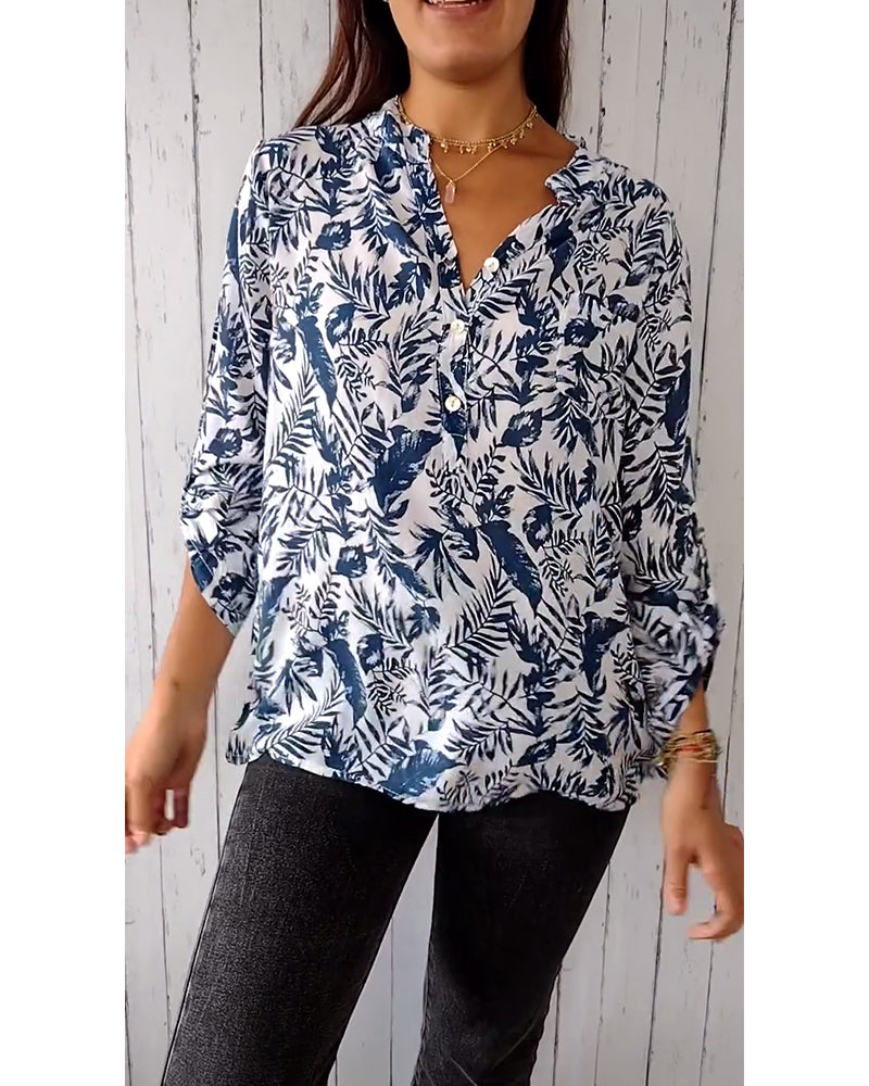 CM | Blusa casual con botones y estampado de hojas con cuello en V y mangas nueve cuartos