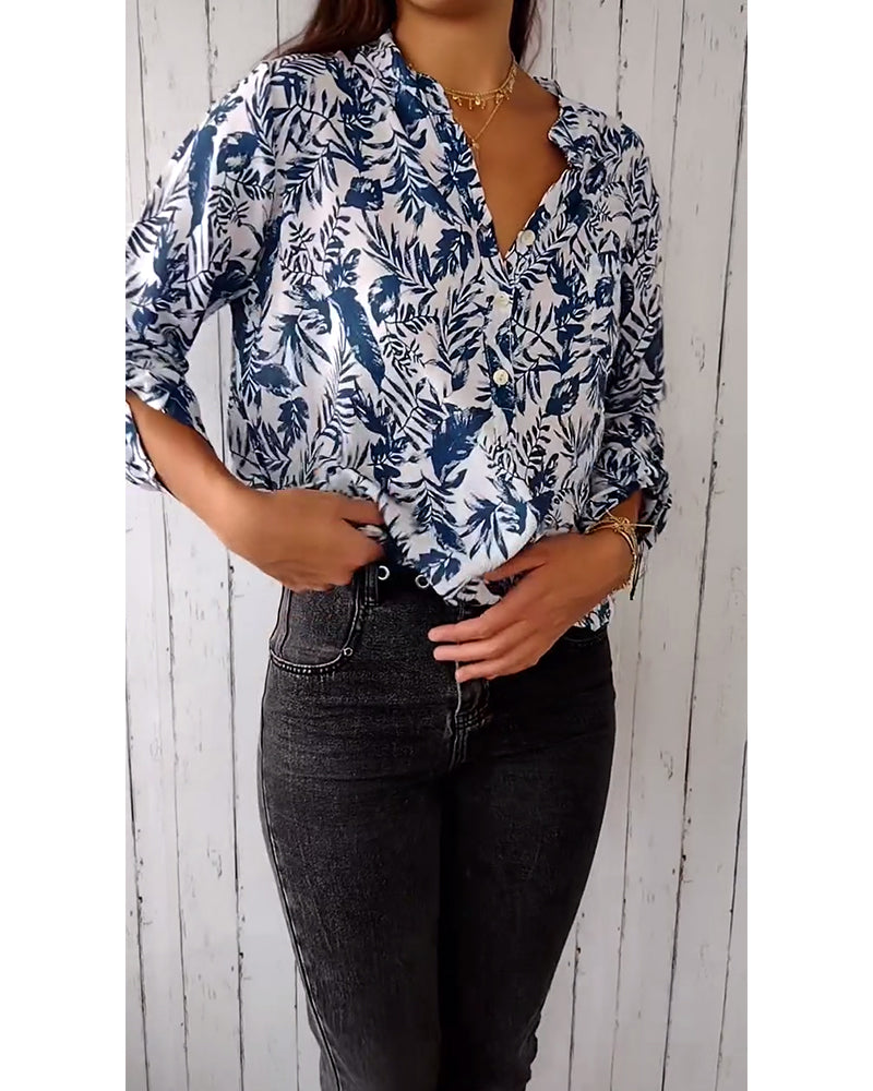 CM | Blusa casual con botones y estampado de hojas con cuello en V y mangas nueve cuartos