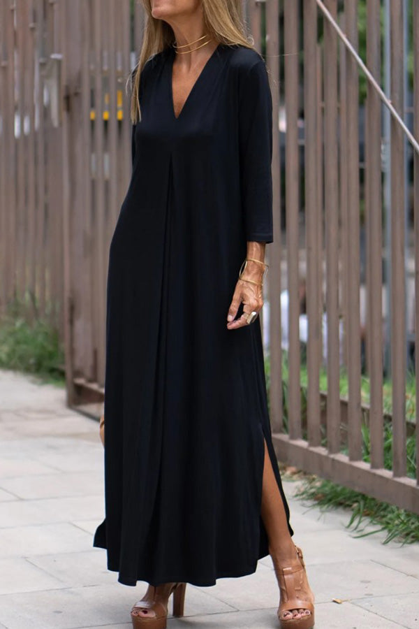 CM | moda color sólido cuello en v manga tres cuartos vestido largo de punto hendidura