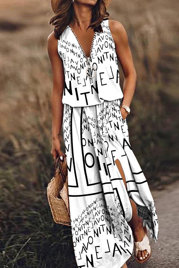 CM | Vestido largo sin mangas mujeres casuales cintura cremallera carta vestido