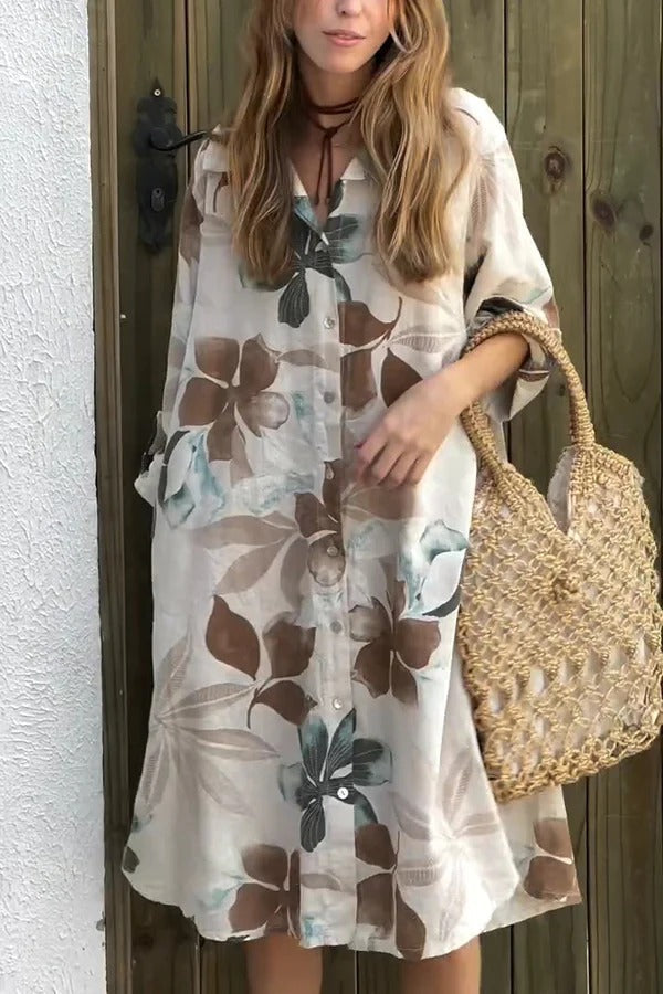 CM | Botanical Print Vestido midi holgado de manga larga y un solo pecho con bolsillos