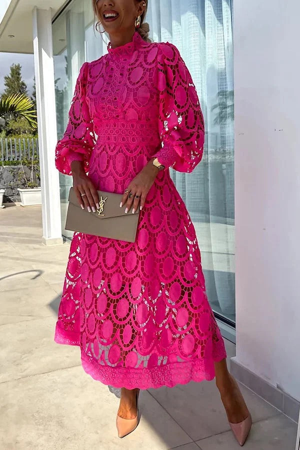 CM | Romántico, Sensual y Elegante Vestido Midi de Encaje de Crochet con Manga Farol de Fiesta