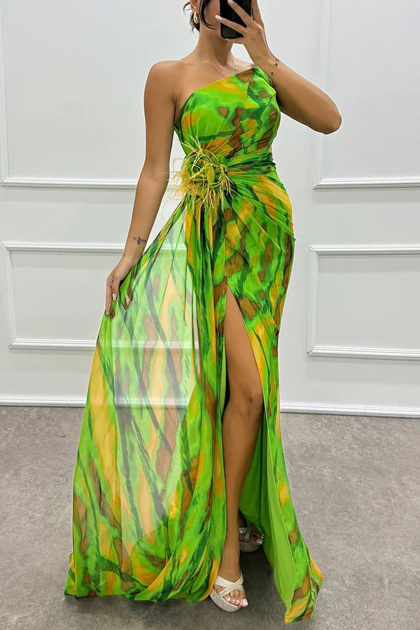 CM | Amazing Views Acuarela Imprimir Pluma Rosa Detalle Off Shoulder Plisado Hendidura Maxi Vestido