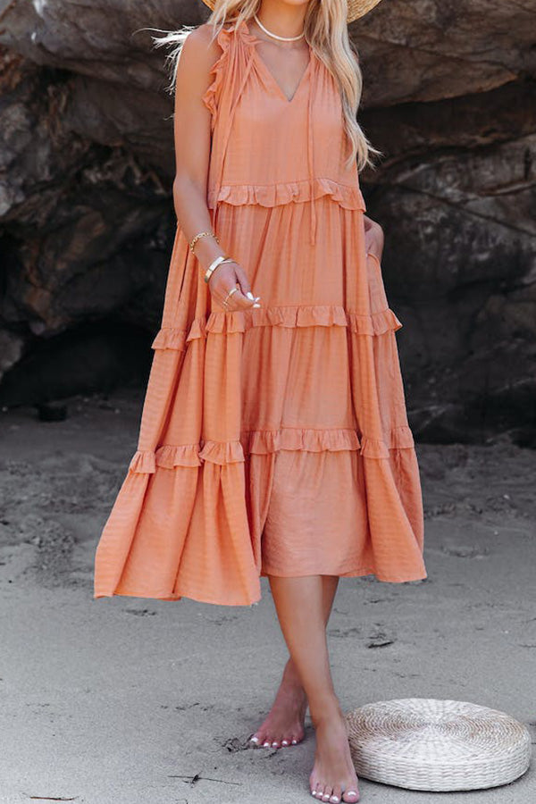 CM | MEZCLA DE ALGODÓN, VESTIDO MIDI ESCALONADO CON BOLSILLOS
