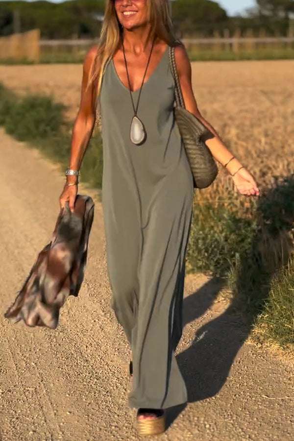 CM | Color Sólido Cuello en V Vestido Maxi Casual Sin Mangas