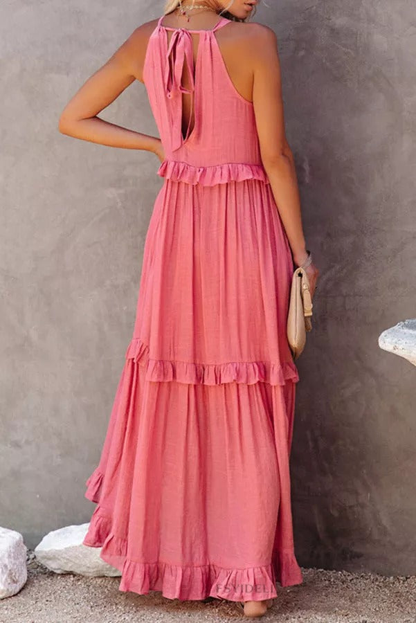 CM | Vittoria Vestido maxi halter fruncido con volantes