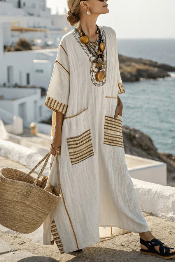CM | Cuello en V estampado a rayas Vestido maxi casual con bolsillo