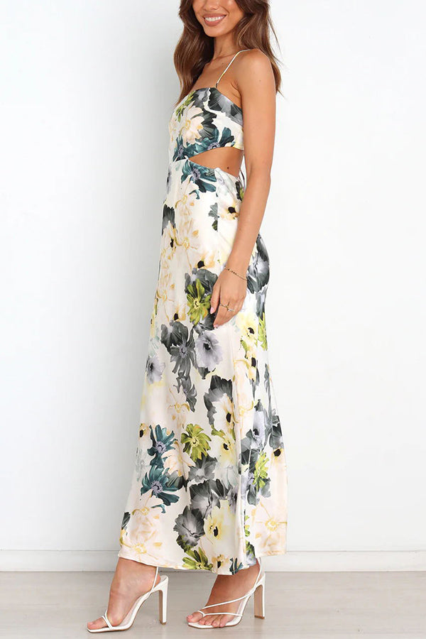 CM | Garden Party Floral Satén Recorte Espalda Encaje Maxi Vestido