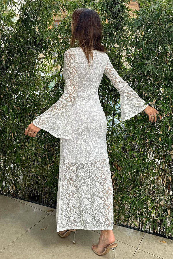 CM | Luxe Lifestyle Encaje Escote Cuadrado Mangas de Campana Vestido Midi con Abertura