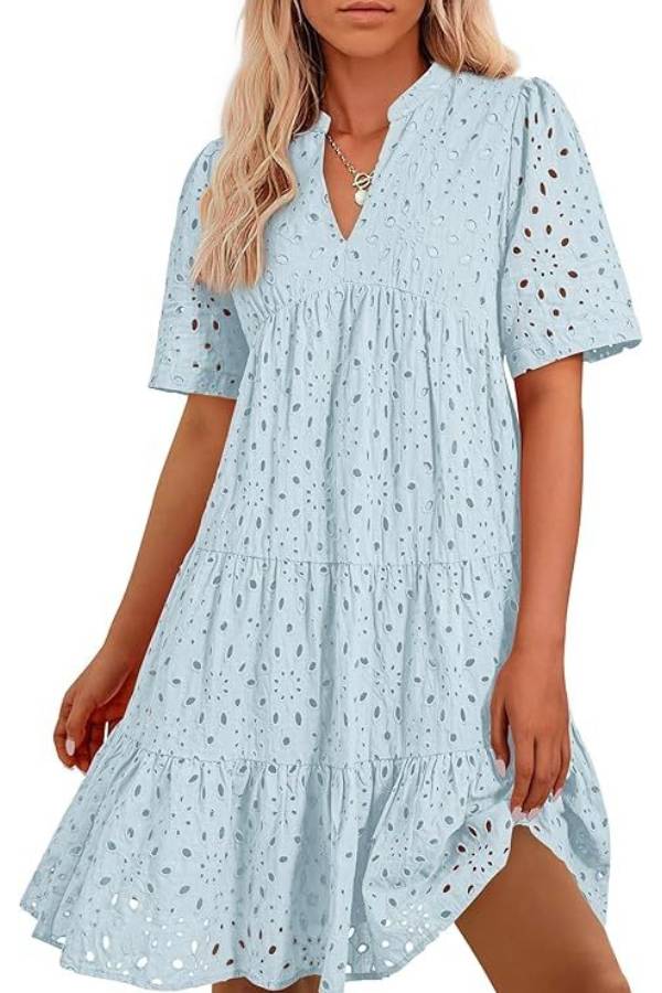 CM | Cuello en V de Mujer Manga Corta Hueco Mini Vestido de Vacaciones