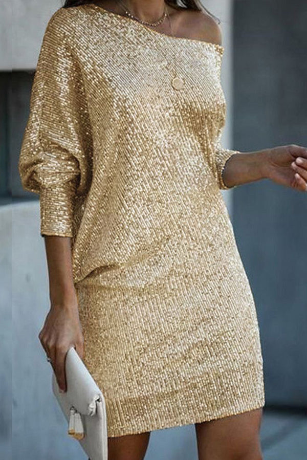 CM | Lentejuelas Sólido Off-shoulder Mini Vestido Suelto