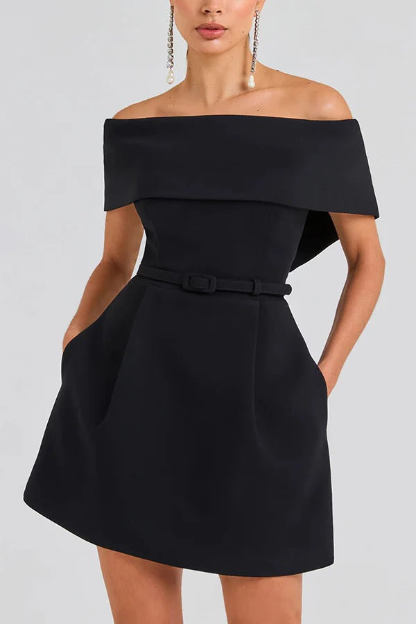 CM | Elegante Noche Solapa Bandeau Cinturón Desmontable Bolsillo Mini Vestido