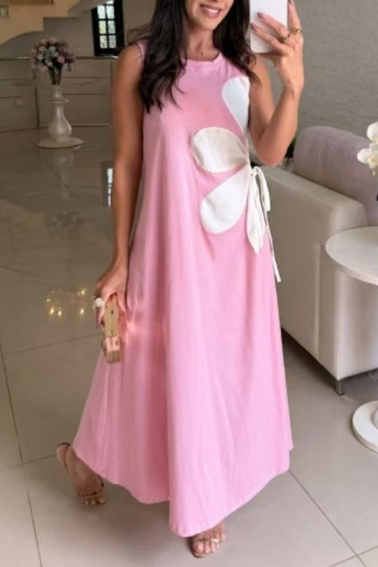 CM | Color Sólido Cuello Redondo Floral Maxi Vestido