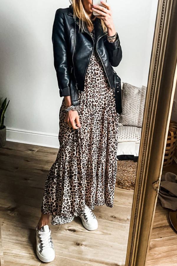 CM | maxi vestido de rayas con mangas anchas y estampado de leopardo albaricoque