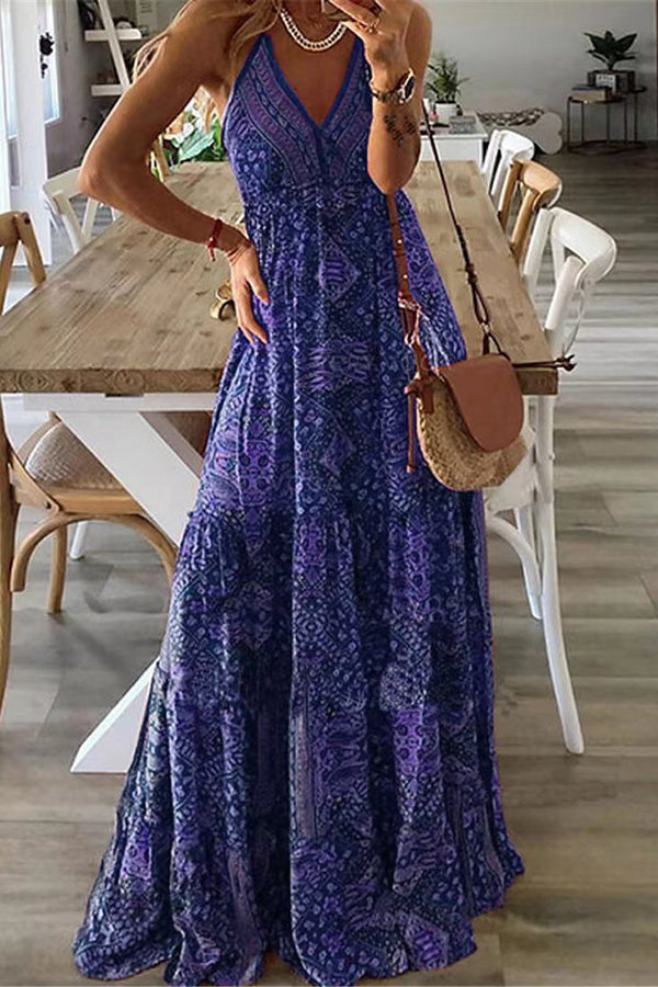 CM | Celeste maxi vestidos de tirantes con estampado boho y cintura elástica