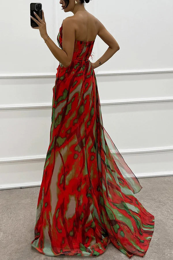 CM | Amazing Views Acuarela Imprimir Pluma Rosa Detalle Off Shoulder Plisado Hendidura Maxi Vestido
