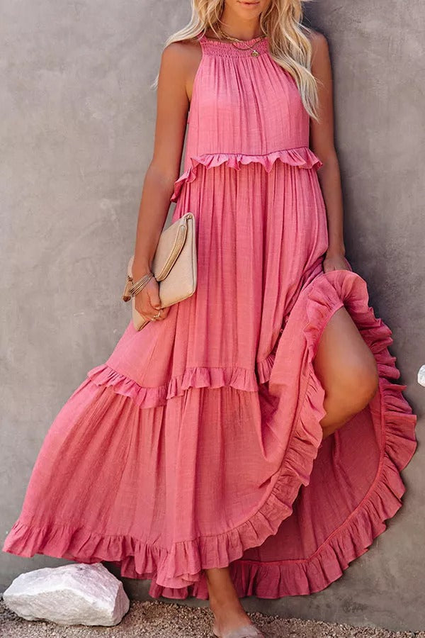 CM | Vittoria Vestido maxi halter fruncido con volantes